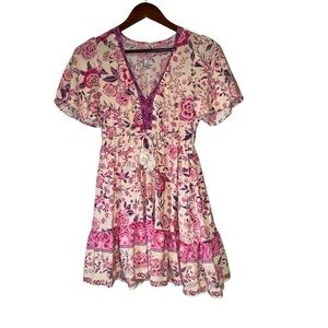 Women's Floral Pink and Purple Short Sleeve Mini Dress